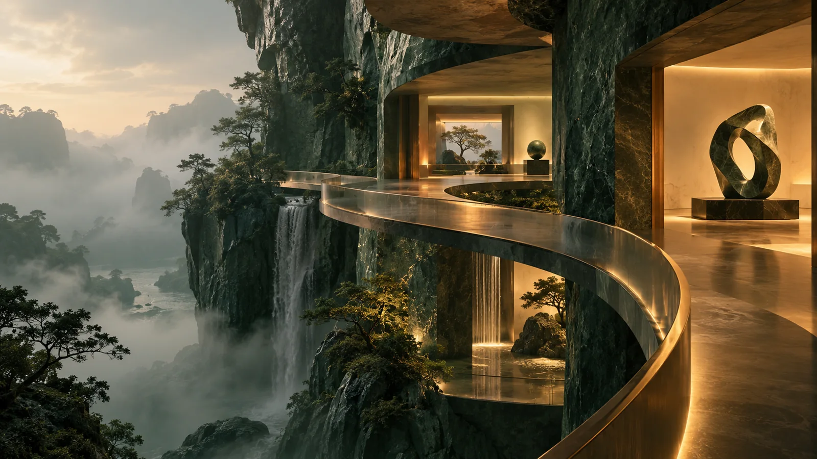 A sculptural gallery set into a cliff with a suspended walkway