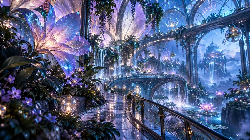A luminous botanical conservatory with layered bridges
