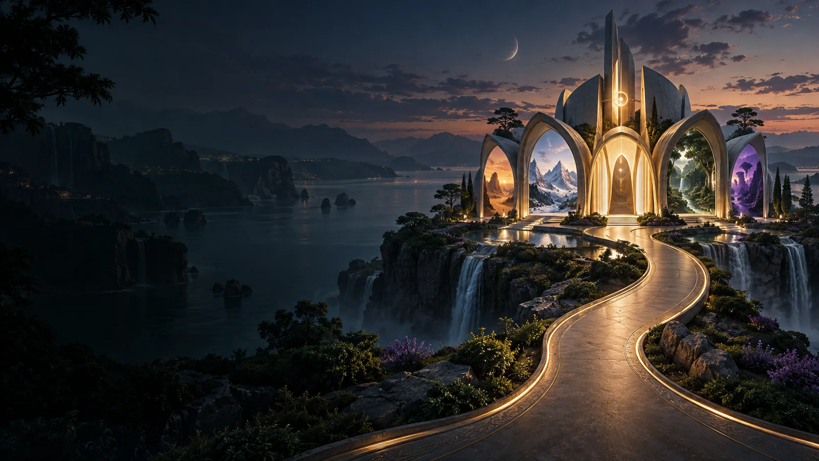 An illuminated pavilion offering several possible visual journeys.
