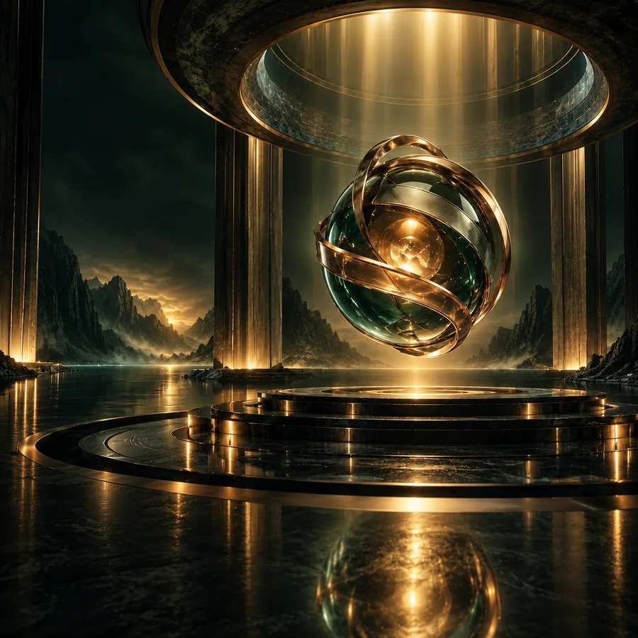 A complete glass and gold orb suspended in a cinematic architectural space