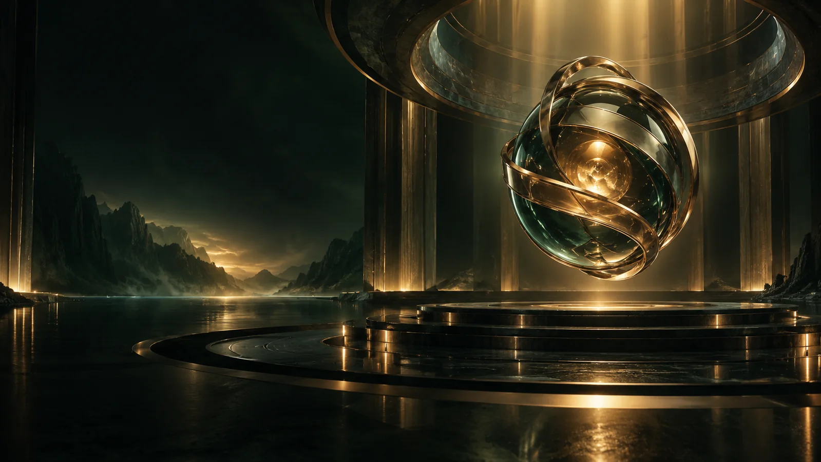 A cinematic amber product reveal in a sculptural dark pavilion.