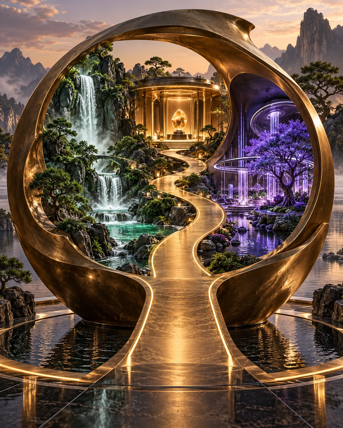An illuminated path connects a waterfall destination, a product reveal pavilion and a luminous imaginative garden.