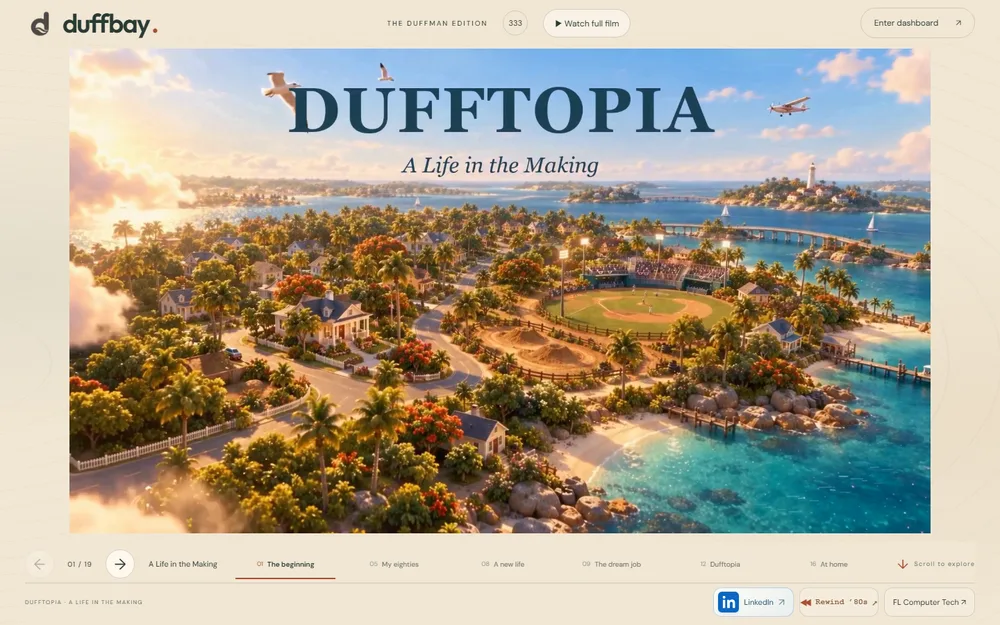 Actual Dufftopia homepage: a miniature coastal world and cinematic title.