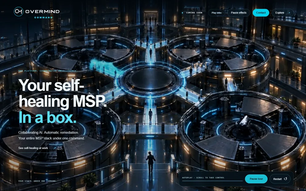 Actual Overmind Command homepage: its live MSP platform launch experience.